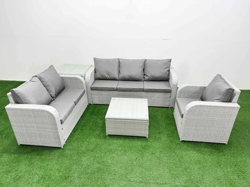 Image of Fimous Patio PE Wicker 6 Seater Outdoor Rattan Furniture Sofa Sets with Square Coffee Table Reclining Chair Loveseat Sofa 3 Seater Sofa Side Table Lig