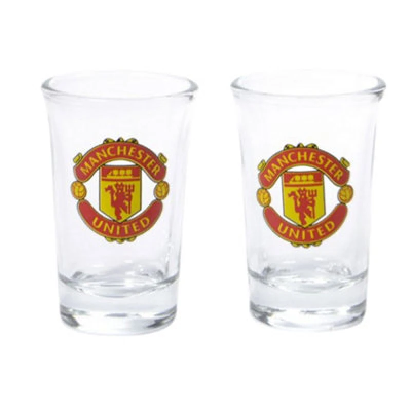 Image of Manchester United FC Manchester United FC Wordmark Crest Shot Glass Pack of 2 in Clear Clear One Size Unisex 5063750908298
