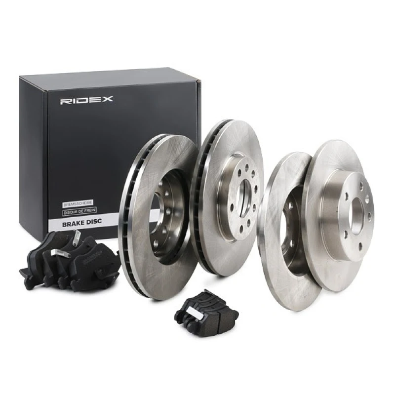 Image of RIDEX 3405B0384 Brake disc and pads set Rear Axle, Brake Disc Type: Solid Brake Set,disc brakes (3405)