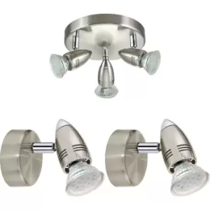 Image of Ceiling Spot Light & 2x Matching Wall Lights Round Satin Nickel Adjustable Head