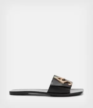 Image of AllSaints Womens Womens Leather Check Klara Sandals, Black and Gold, Size: UK 6/US 9/EU 39, Black/Gold