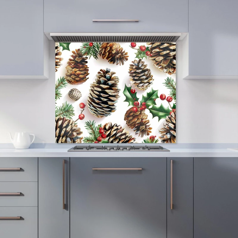 Image of Warren Reed - Designer Holiday Pine Cones & Berries Kitchen Splashback Size: 600mm x 750mm Multicolor Unisex 600mm x 750mm
