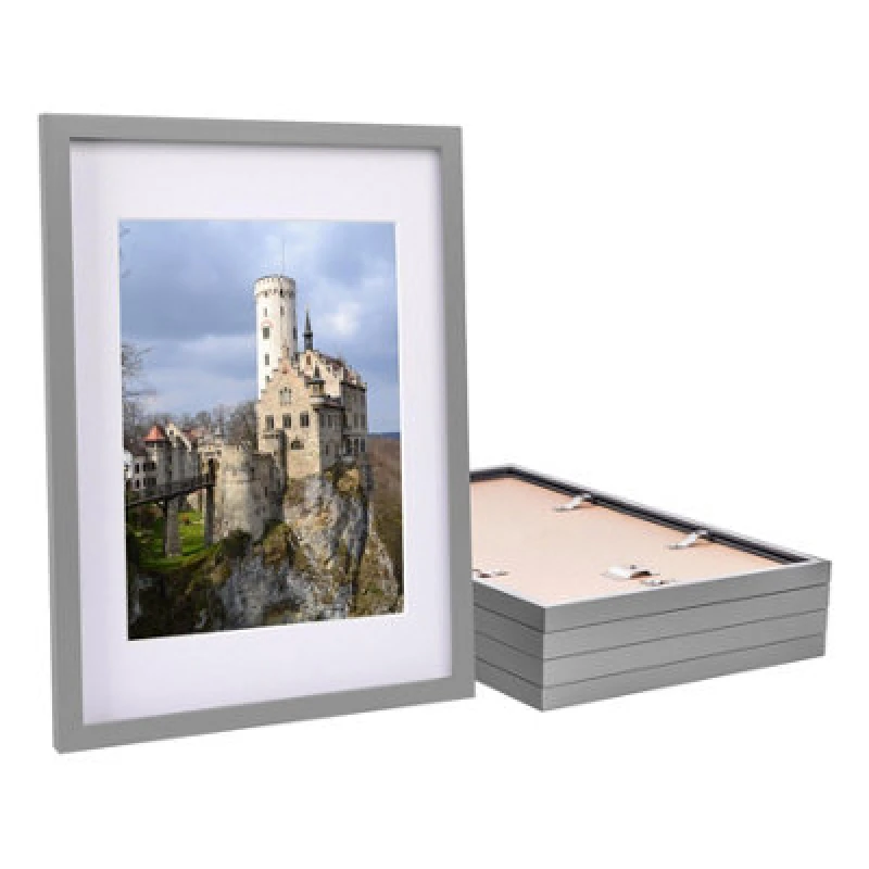 Image of Nicola Spring 5X Photo Frames With White A4 Mount - A3 (12" X 17") Grey Portrait Hanging Wall Mounted Picture Display Frame