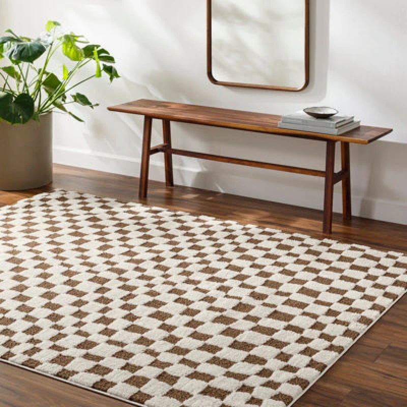 Image of Livabliss Scandi Modern High Pile Brown Checkered Irina Area Rug 160 X 213cm - Easy Care, Ideal For Living Room & Bedroom