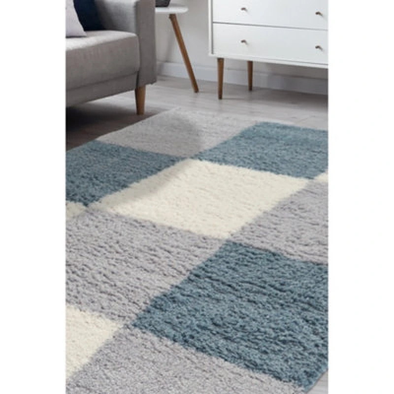 Image of Melrose Duck Egg Coloured Shaggy High Pile Block Design Large Area Indoor Rug 160/230Cm