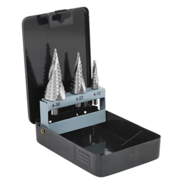 Image of Genuine SEALEY AK4749 HSS 4341 Step Drill Bit Set 3pc Spiral Flute