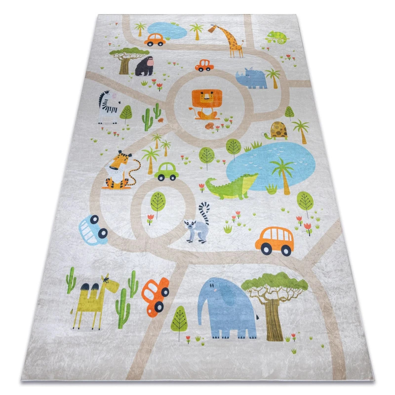 Image of RugsX Bambino 50230 Washing Carpet Zoo, Streets For Children Anti Slip - Beige / Green 120X170 Cm