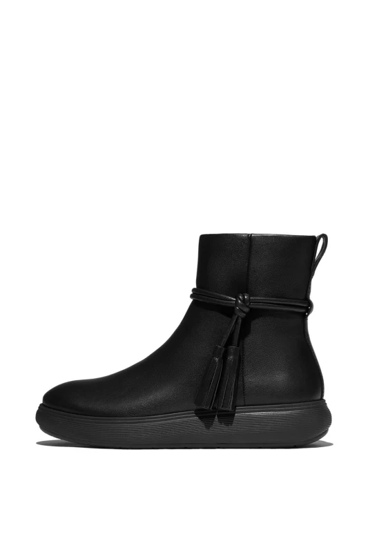 Image of FitFlop Womens Iq-Comff Tassel Leather Short Boots All Black Size: 5 Black Female 5
