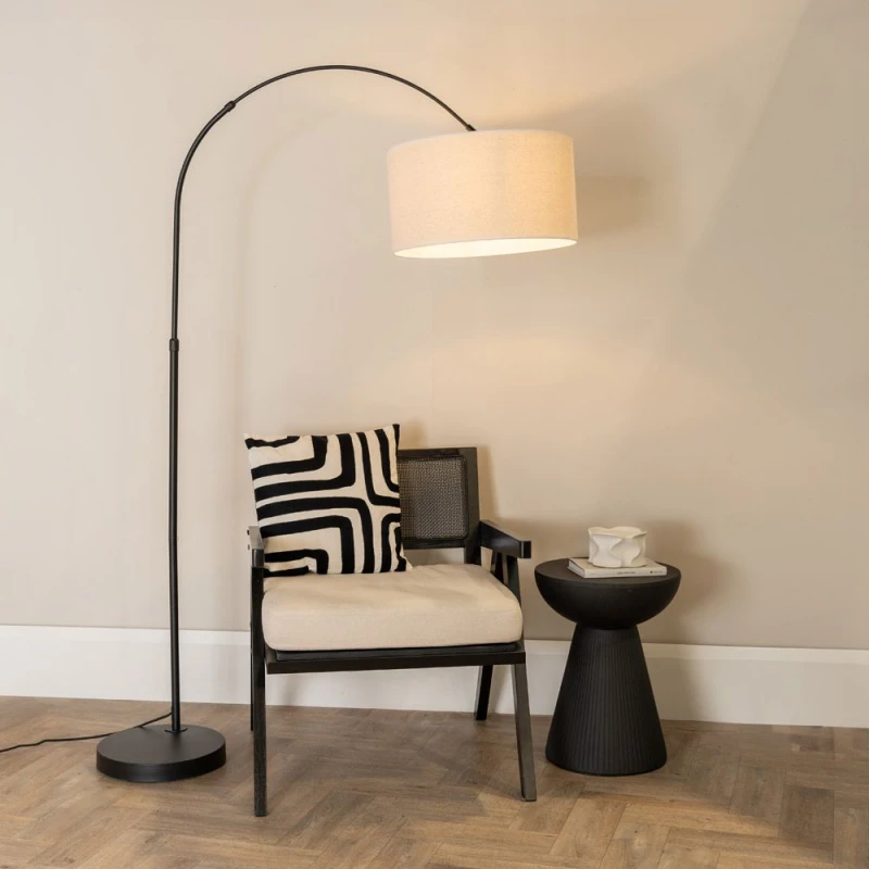 Image of ValueLights Louis Black Metal Arched Floor Lamp with Linen Trim Drum Lamp Shade White