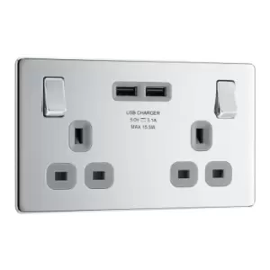 Image of BG Nexus Flatplate Screwless Polished Chrome 13A 2-Pole 2 Gang Switched Dual USB (3.1A) Socket - Grey Insert FPC22U3G