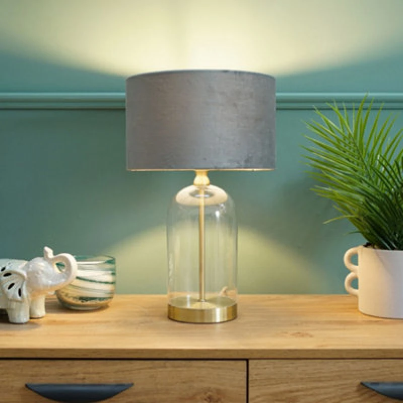 Image of ValueLights Jessy Gold Glass Table Lamp With Grey Velvet Shade Gold