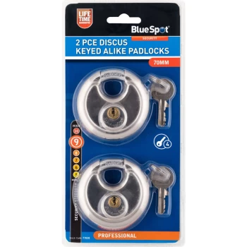 77028 2 Piece 70mm Discus Keyed Alike Padlocks - Bluespot