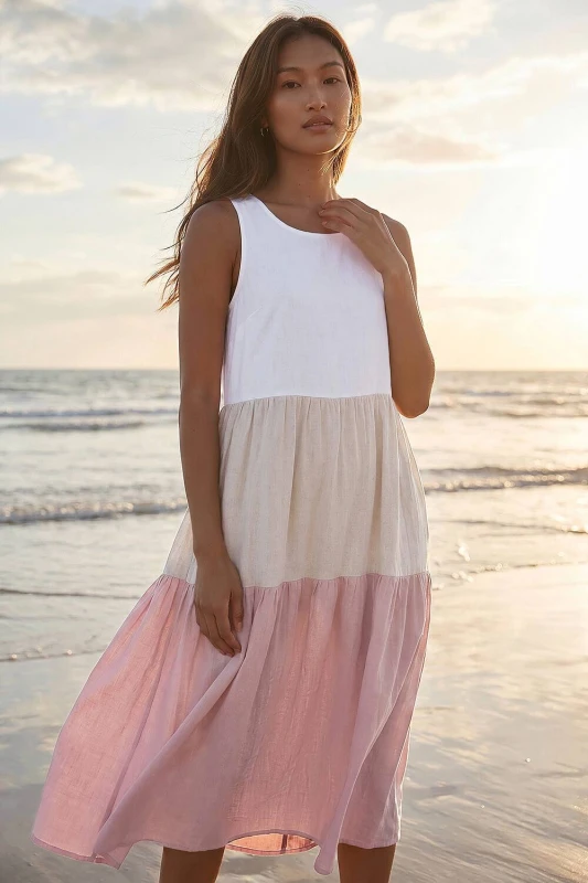 Image of Roman Womens Colour Block Tiered Linen Blend Midi Dress in Light Pink Size: 14 Light Pink Female 14