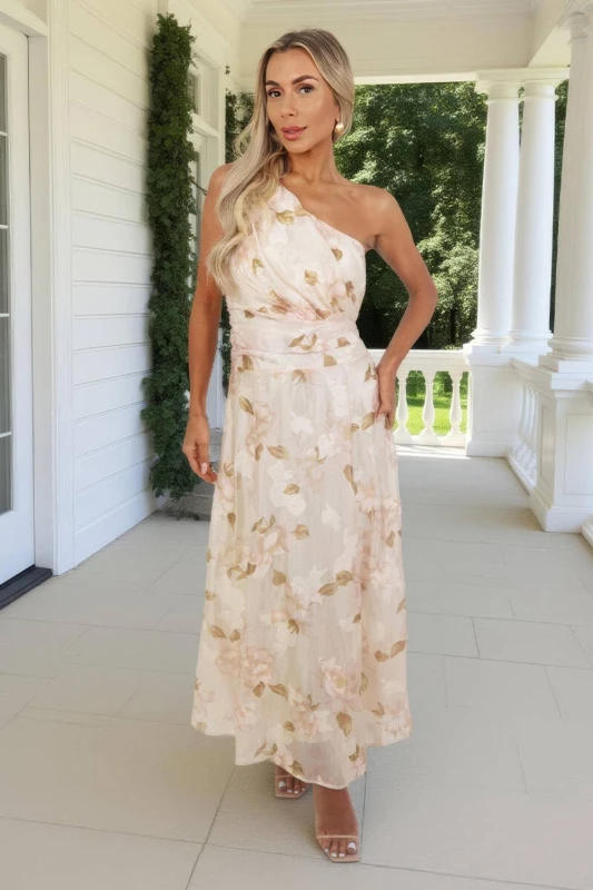 Image of AX Paris Womens Blush Floral Embroidered Chiffon One Shoulder Midi Dress in Pink Size: 16 Pink Female 16