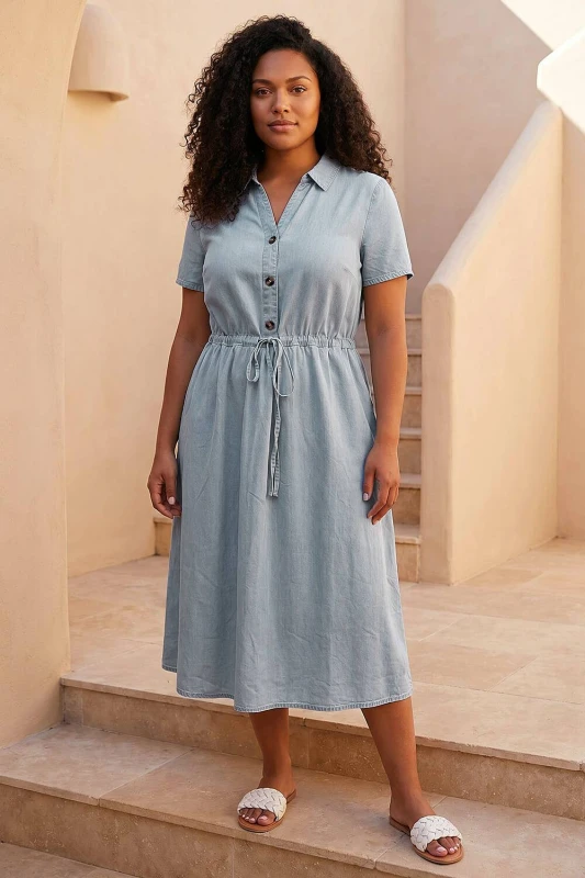 Image of Roman Womens Curve Tie Waist Shirt Dress in Mid Blue Size: 18 Mid Blue Female 18