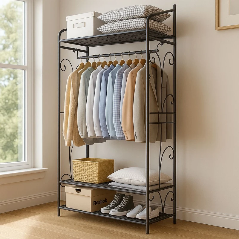 Image of Storvo Heavy Duty Large Metal Clothes Rail Open Wardrobe With 2 Storage Shelves in Black Unisex