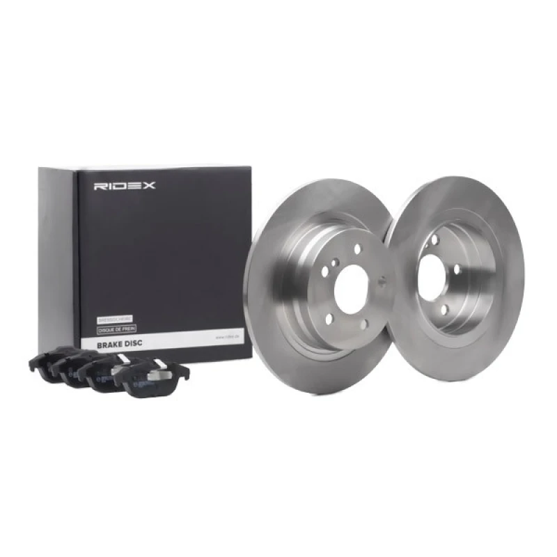 Image of RIDEX 3405B0844 Brake disc and pads set Rear Axle, Brake Disc Type: Solid, excl. wear warning contact, with piston clip Brake Set,disc brakes (3405)