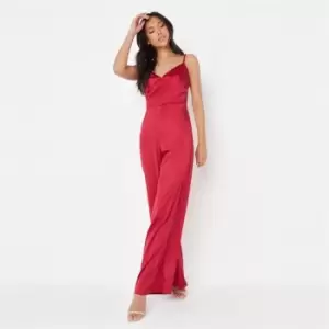 image of Missguided Strap Wide Leg Jumpsuit Satin - Red