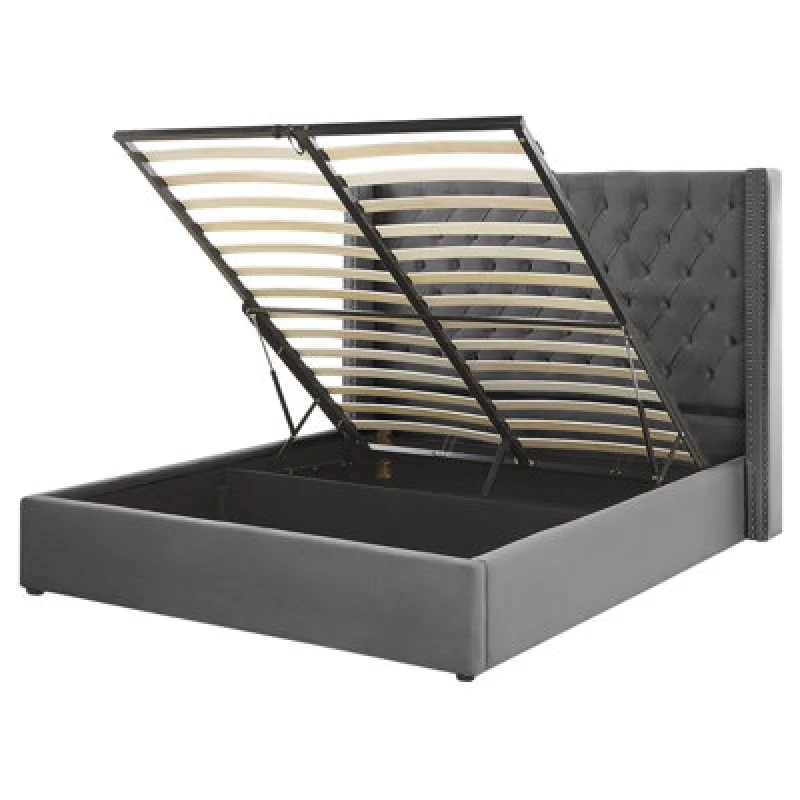 Image of Beliani Ottoman Bed Velvet Lubbon 160 X 200 Cm (Eu King Size) Grey