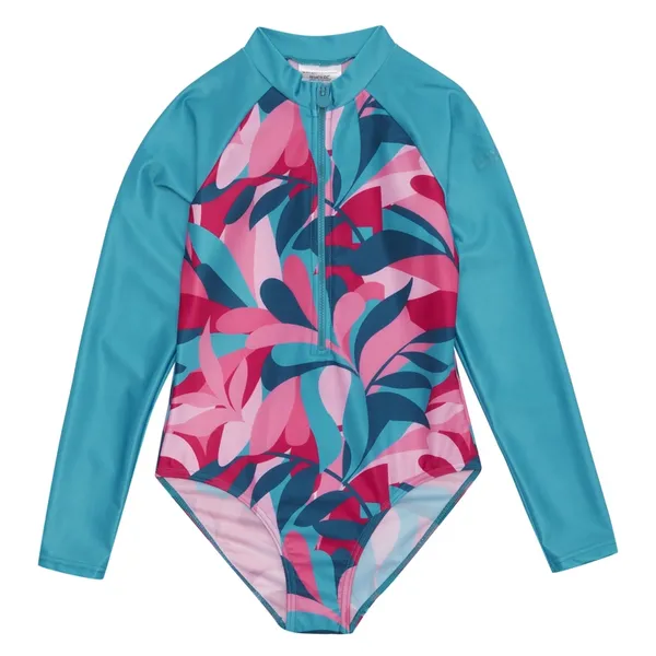 image of Regatta Girls Long Sleeve Swimming Suit 7-8 Years - Chest 63-67cm (Height 122-128cm) Tahoe Blue/Tahoe Blue Tropical Leaf RKM039G-F2K-7