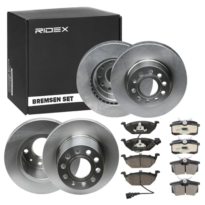 Image of RIDEX 3405B1641 Brake disc and pads set with accessories, Rear Axle, Brake Disc Type: Solid, not prepared for wear warning indicator Brake Set,disc b