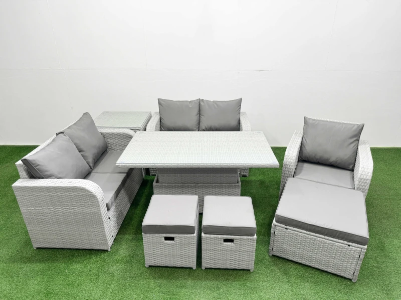Image of Fimous High Back Poly Rattan Garden Furniture Set with Adjustable Lifting Dining or Coffee Table Indoor Outdoor Patio Set 3 Stools Side Table