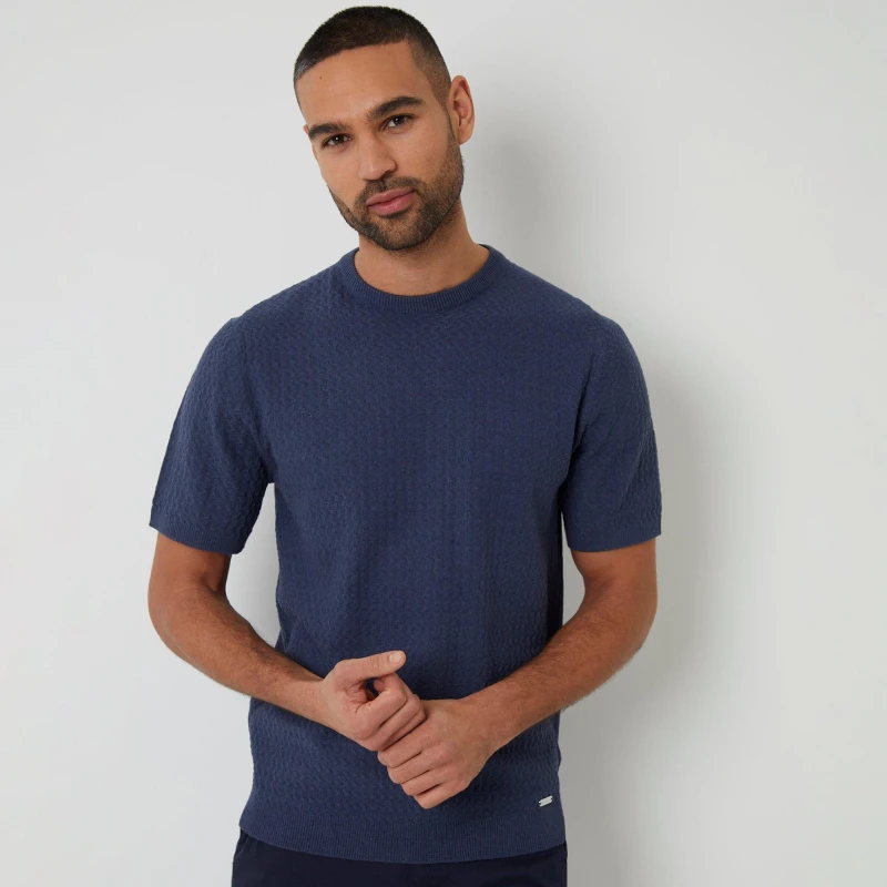 Image of Threadbare Threadbare Textured Front Knitted T-Shirt - Blue 2XL Male