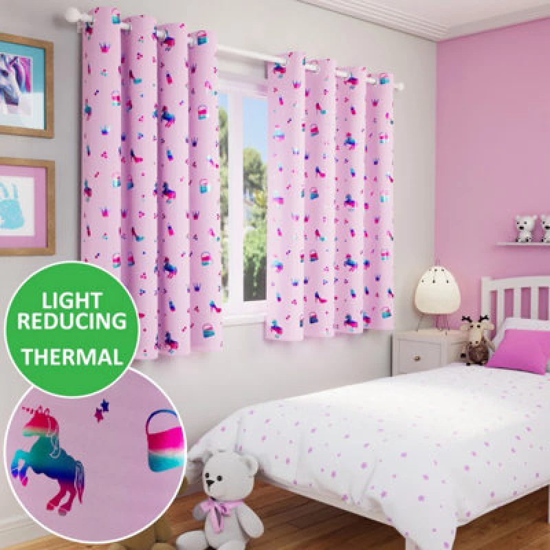 Image of Enhanced Living Pink Kids Curtain with Unicorns - Room Darkening, Energy Saving Eyelet Header - Ideal for Childrens Rooms Pink