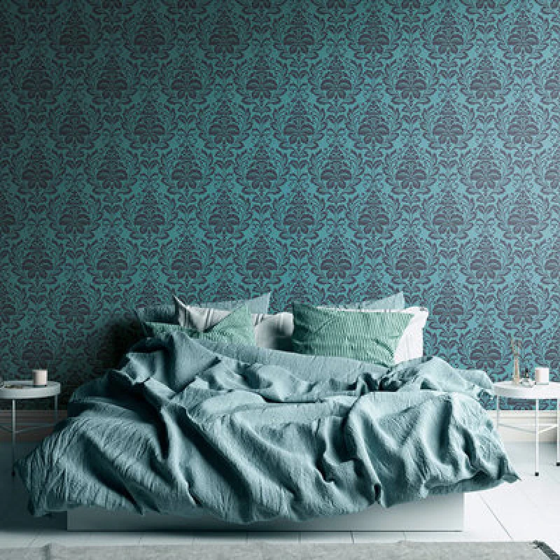 Image of Galerie Home Collection Blue/black Metallic Damask Motif Wallpaper Roll