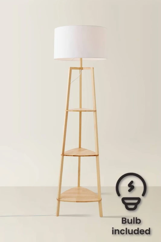 Image of ValueLights ValueLights Hiru 3 Tier Wooden Shelf Floor Lamp with Large Drum Shade and Bulb in White White One Size Unisex 5059406034602