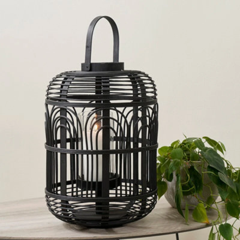Image of Pacific Lifestyle Large Black Bamboo And Glass Lantern