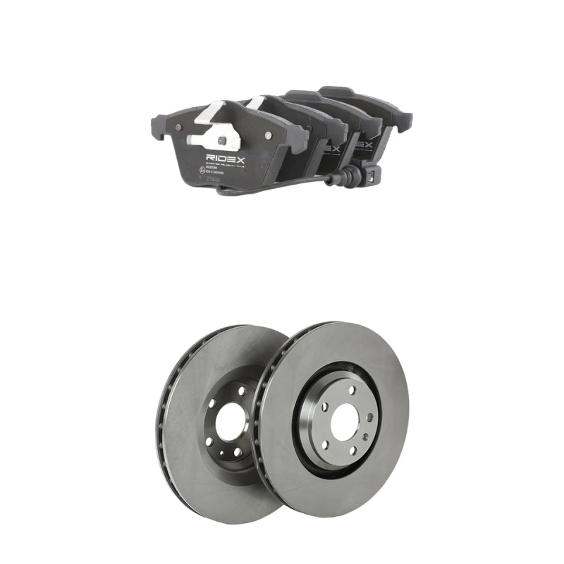 Image of RIDEX 3405B2982 Brake disc and pads set Front Axle, Brake Disc Type: internally vented, incl. wear warning contact Brake Set,disc brakes (3405)
