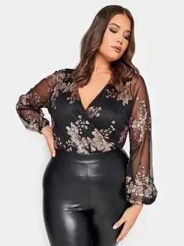 Image of Yours Sequin Floral Wrap Body, Gold, Size 16, Women