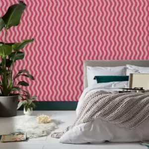 Image of Envy - Making Waves Raspberry & Tangerine Pink Stripe Wallpaper - Pink