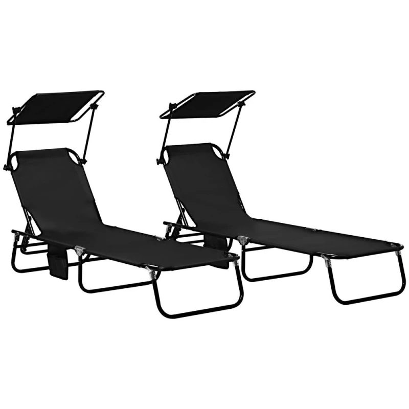 Image of Outsunny 2 Piece Folding Sun Loungers w/ Adjustable Backrest, Sunshade, Black 84G-183V00BK