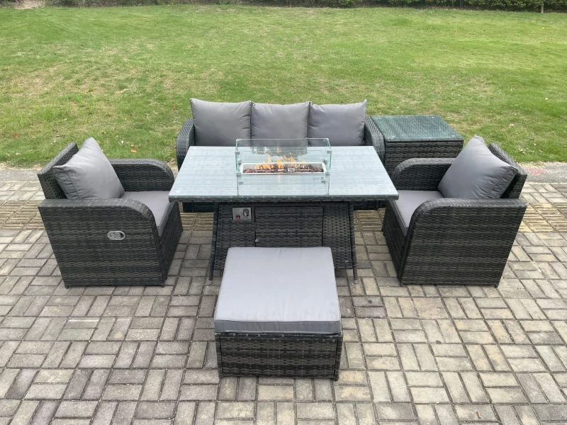 Image of Fimous Patio Outdoor Rattan Garden Furniture Set Propane Gas Fire Pit Table Burner with Lounge Sofa Side Table Footstool Dark Grey