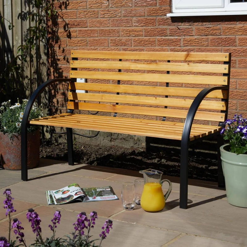 Image of Home Source Garden Bench Metal Framed Curved Wooden Seats 2 Person Outdoor in Natural Natural Unisex