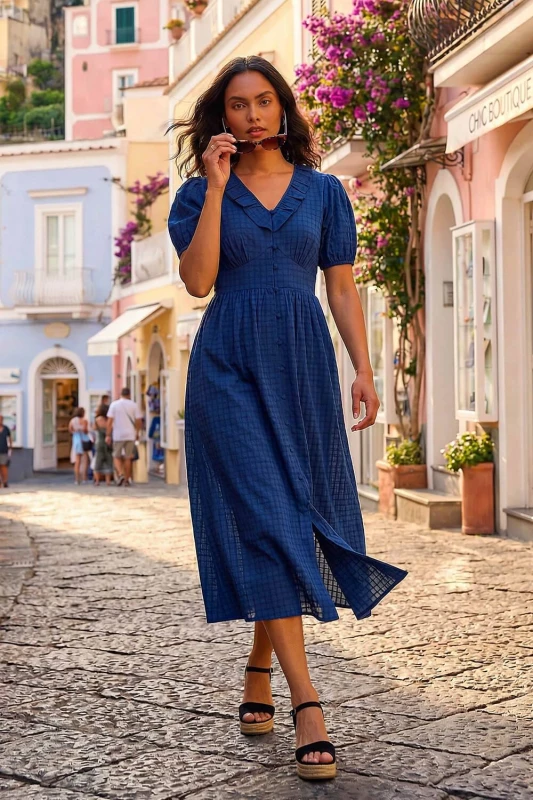 Image of Roman Womens Textured Frill Midi Dress in Navy Size: 10 Navy Female 10