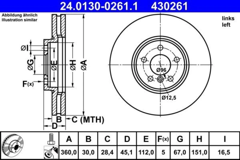 Image of Brake disc ATE 24.0130-0261.1