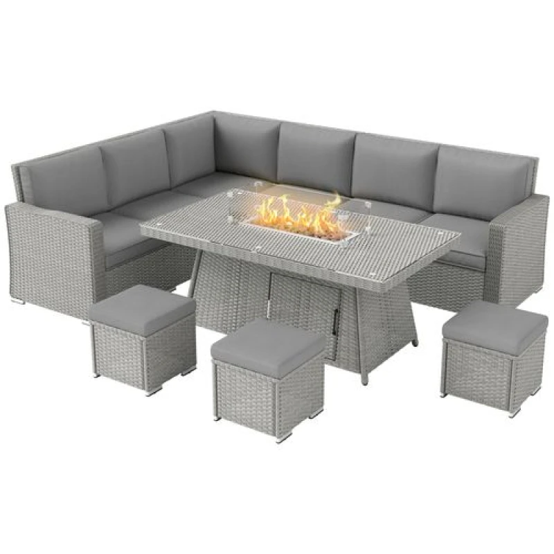 Image of OUTSUNNY 7 Pieces Rattan Garden Furniture Set w/ 50, 000 BTU Fire Pit Table in Grey Grey Unisex