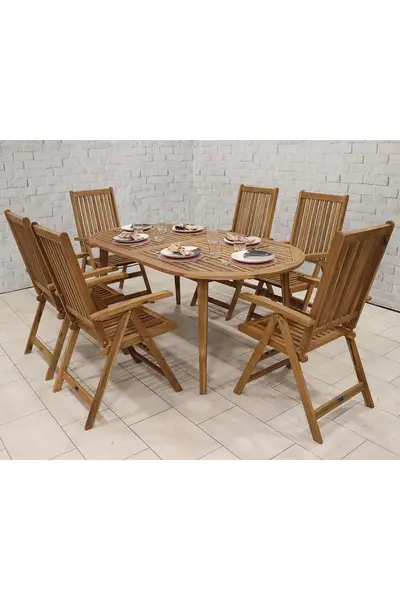 image of Royalcraft Ellipse Table with 6 x Manhattan Recliner Armchairs Natural