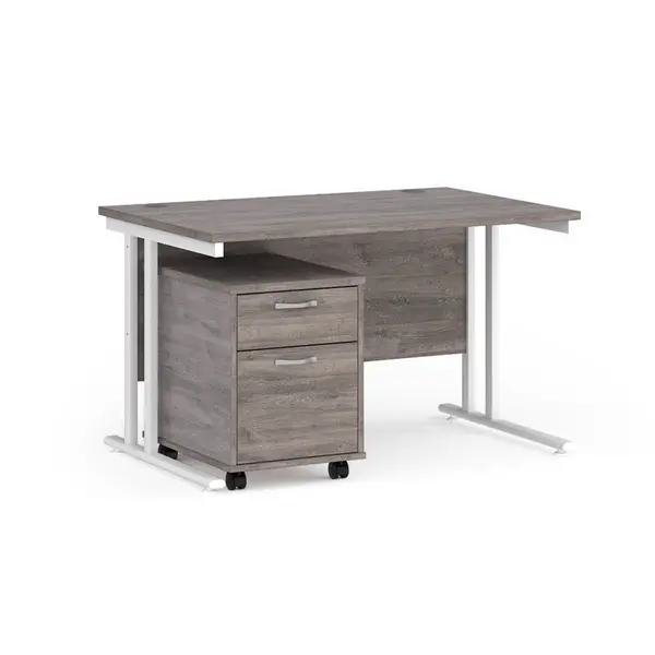 image of Maestro 25 Straight Desk with White Cantilever Frame and 2 Drawer Pedestal - Grey Oak - 1200mm x 800mm