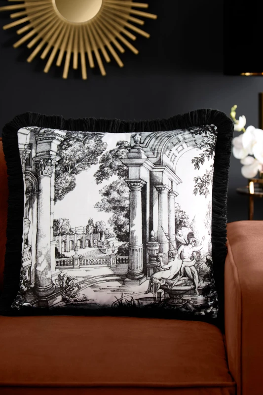 Image of Laurence Llewelyn-Bowen Laurence Llewelyn-Bowen 'Vista' Hand Drawn Print Velvet Filled Cushion in Grey Size: 43cm x 43cm Grey 43cm x 43cm Unisex 505