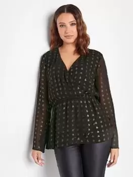 Image of Long Tall Sally Black/sliver Lurex Spot Wrap Top, Black, Size 10, Women