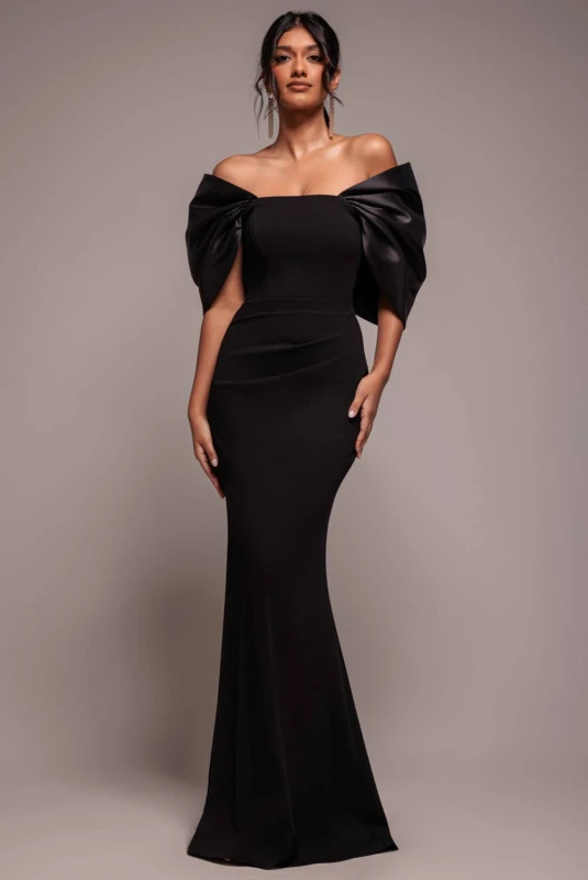 Image of Goddiva Womens Off Shoulder Back Satin Bow Scuba Maxi Dress in Black Size: 12 Black Female 12