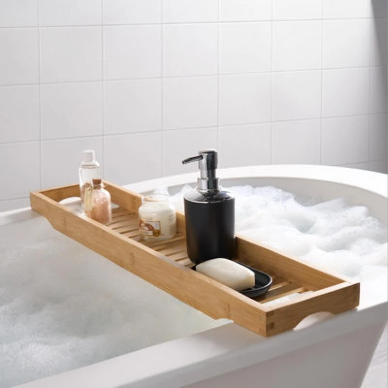Image of OHS OHS Wooden Bathroom Tub Rack Storage Caddy Shelf Tray Holder Tidy in Natural Natural One Size Unisex 5027434186204
