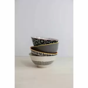 Image of Kitchencraft Patterned Cereal Bowl Set In Gift Box, Ceramic, 'monochrome' Designs, 15Cm, 4 Pieces