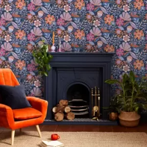 Image of Envy - Oopsy Daisy Blue/Lilac/Tangerine Floral Wallpaper - Blue