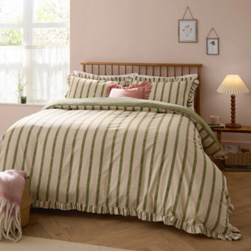 Image of Wylder Connie Striped Ruffle Duvet Cover Set, Olive, Single