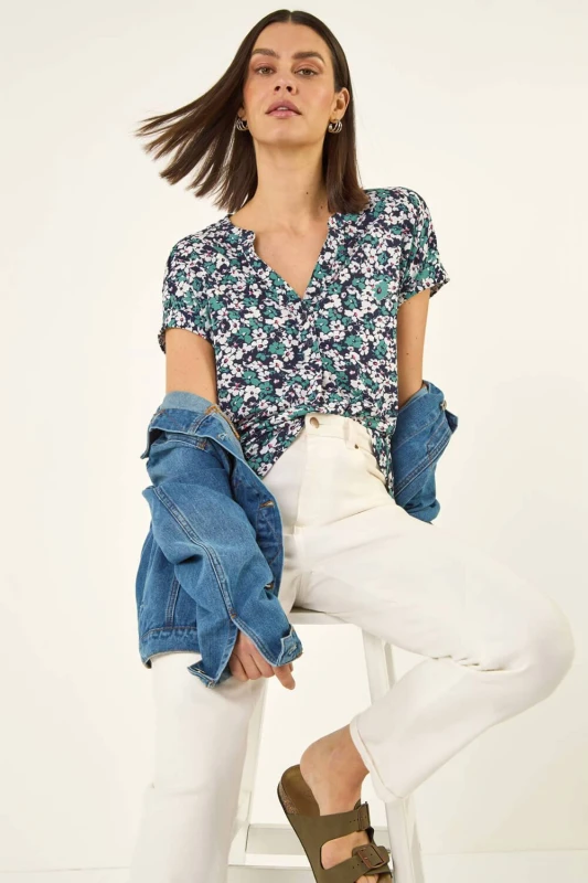 Image of Roman Womens Textured Floral Print Top in Dark Navy Size: 12 Dark Navy Female 12